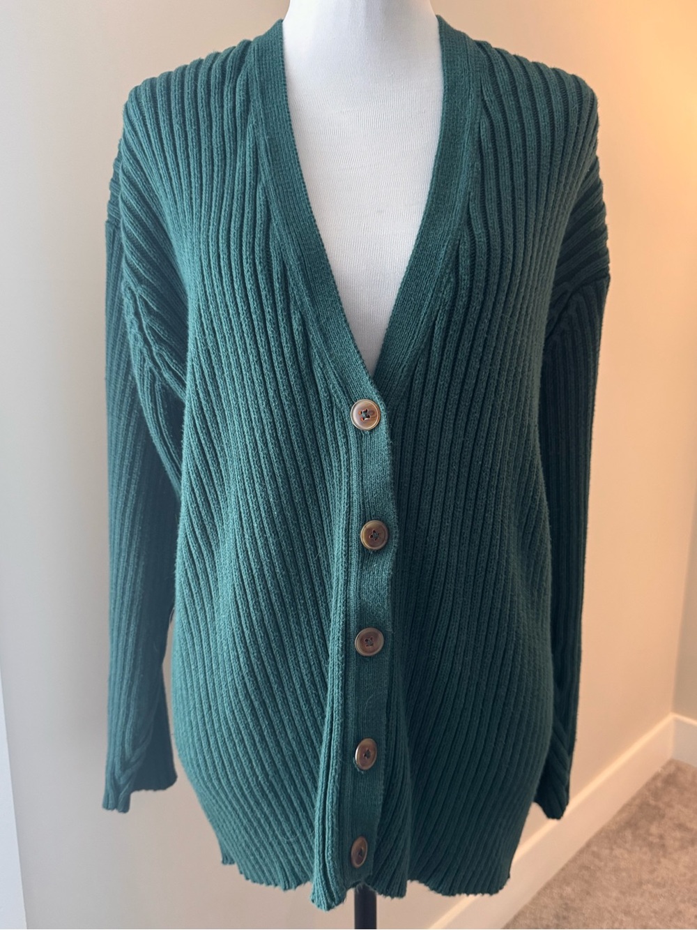 Vintage Lands' End Forest Green Chunky Ribbed Knit Cotton Cardigan Sweater L